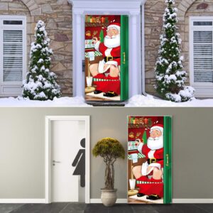 Christmas Party Decorations, Funny Christmas Santa Restroom Door Cover Fabric Santa Restroom Backdrop Background Banner for Christmas Door Decorations Christmas Party Supplies, 70.9 x 35.4 Inch