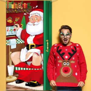 Christmas Party Decorations, Funny Christmas Santa Restroom Door Cover Fabric Santa Restroom Backdrop Background Banner for Christmas Door Decorations Christmas Party Supplies, 70.9 x 35.4 Inch