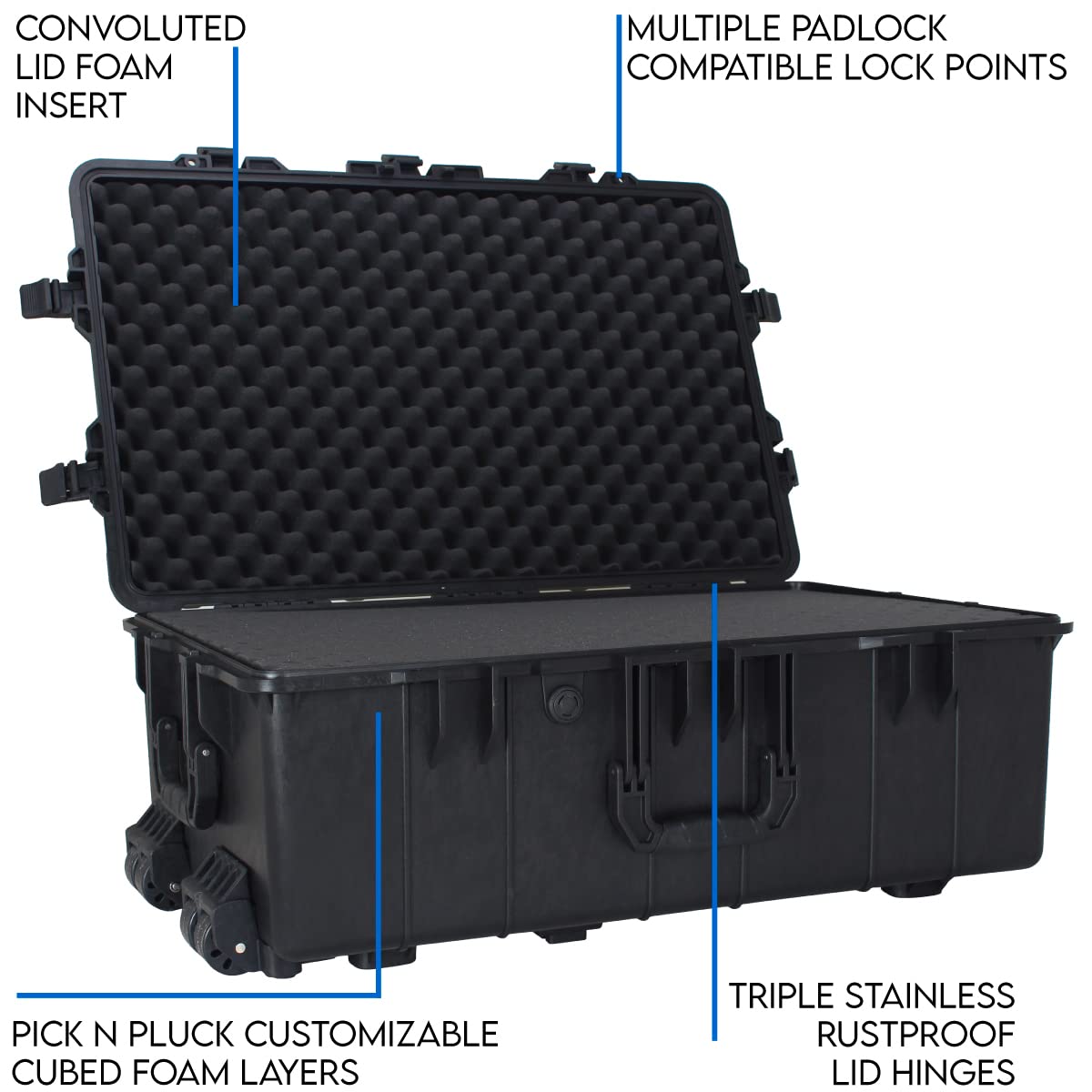 DCB Cases - Element 7975F | 32 x 21 x 12 Ext Dim | IP67 Waterproof | Pluck Foam Insert | Telescoping Handle | Rubberized Grips | Resin-Reinforced Injection Molded Plastic | 7 Latch Lid Close | Wheels