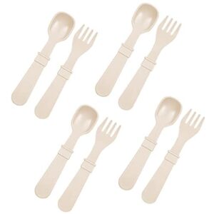 re-play made in usa toddler forks and spoons, pack of 8 without carrying case - 4 kids forks with rounded tips and 4 deep scoop toddler spoons - 0.2" thick toddler utensils, sand
