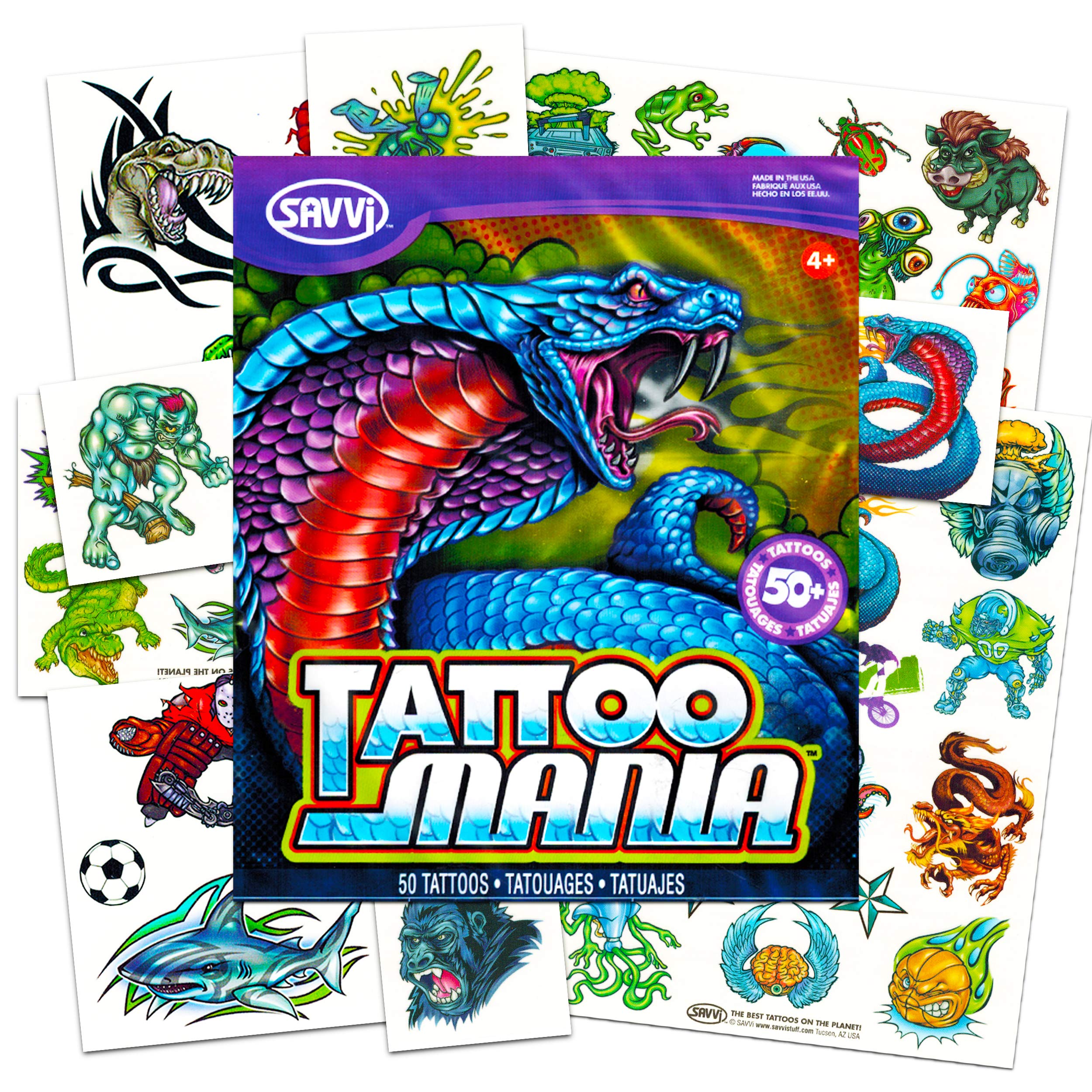 New School Temporary Tattoos for Boys Kids Adults -- 100 Bright and Bold Biker Tattoos with Monsters, Animals, Dinosaurs, and More (Party Supplies)