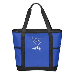 the crafty engineer personalized rn nurse tote bag with zipper and side pockets (royal)