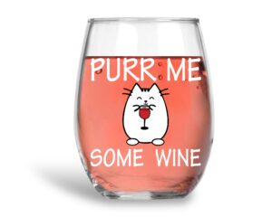 purr me some wine 15oz stemless crystal wine glass - best cat mom sarcastic ideas - funny animal wine lover accessories - cbt wine glasses