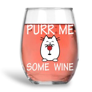 Purr Me Some Wine 15oz Stemless Crystal Wine Glass - Best Cat Mom Sarcastic Ideas - Funny Animal Wine Lover Accessories - CBT Wine Glasses