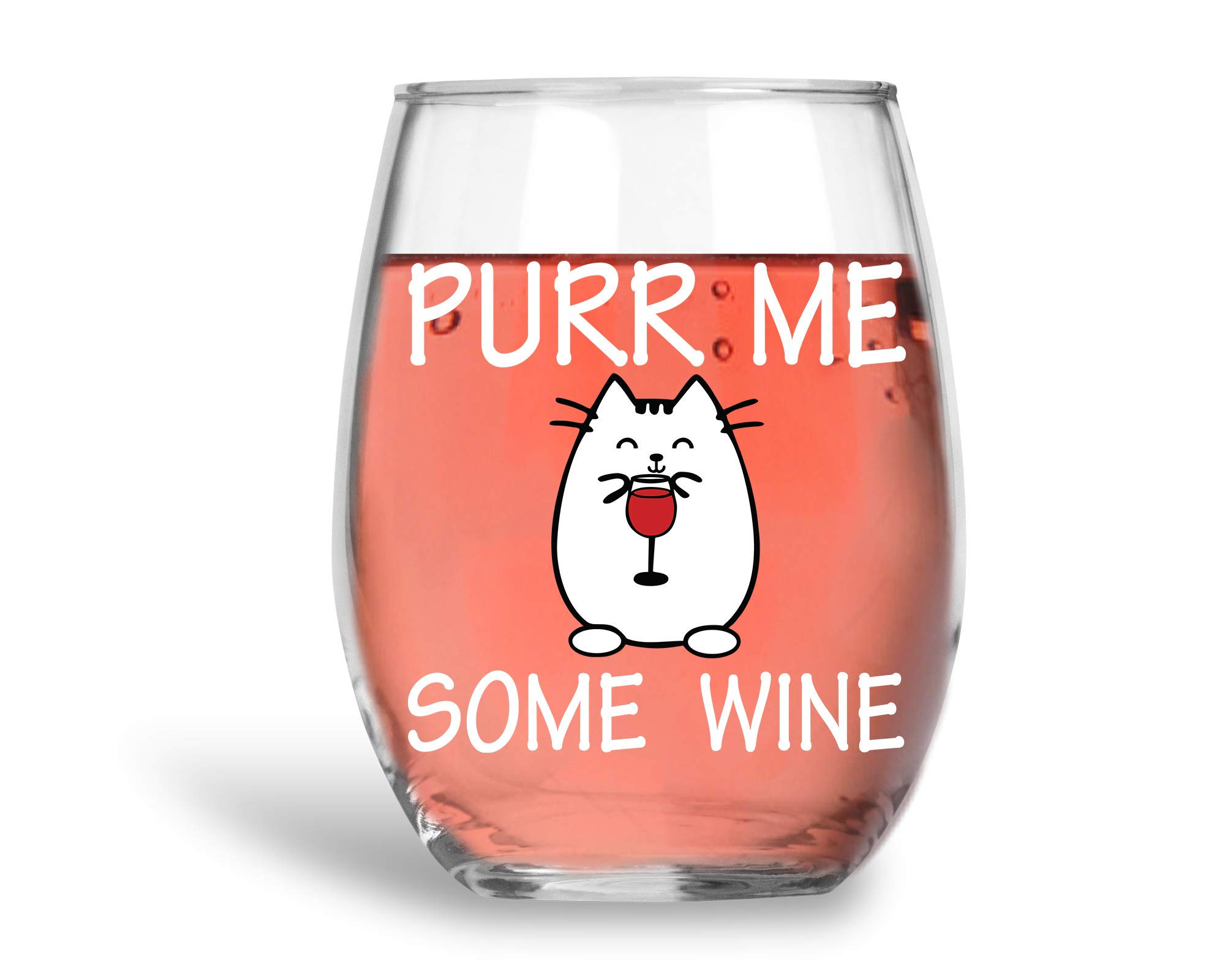 Purr Me Some Wine 15oz Stemless Crystal Wine Glass - Best Cat Mom Sarcastic Ideas - Funny Animal Wine Lover Accessories - CBT Wine Glasses