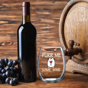 Purr Me Some Wine 15oz Stemless Crystal Wine Glass - Best Cat Mom Sarcastic Ideas - Funny Animal Wine Lover Accessories - CBT Wine Glasses