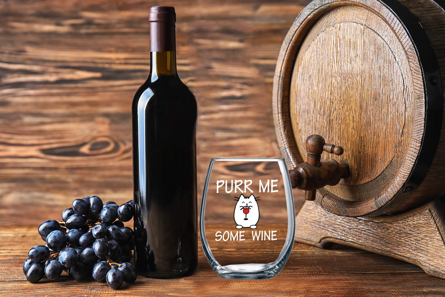 Purr Me Some Wine 15oz Stemless Crystal Wine Glass - Best Cat Mom Sarcastic Ideas - Funny Animal Wine Lover Accessories - CBT Wine Glasses