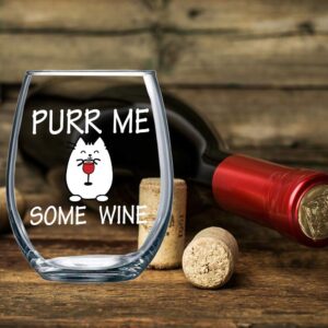 Purr Me Some Wine 15oz Stemless Crystal Wine Glass - Best Cat Mom Sarcastic Ideas - Funny Animal Wine Lover Accessories - CBT Wine Glasses