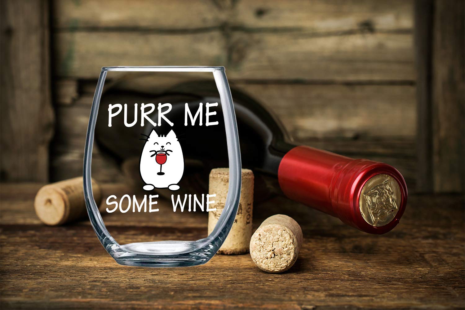 Purr Me Some Wine 15oz Stemless Crystal Wine Glass - Best Cat Mom Sarcastic Ideas - Funny Animal Wine Lover Accessories - CBT Wine Glasses