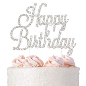 happy birthday cake topper - premium silver metal - happy birthday party sparkly rhinestone decoration makes a great centerpiece - now protected in a box