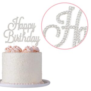 Happy Birthday Cake Topper - Premium Silver Metal - Happy Birthday Party Sparkly Rhinestone Decoration Makes a Great Centerpiece - Now Protected in a Box