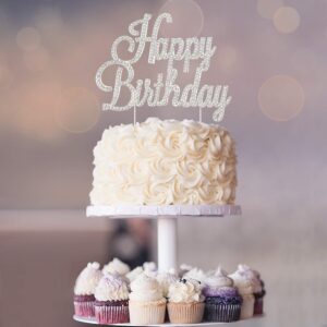 Happy Birthday Cake Topper - Premium Silver Metal - Happy Birthday Party Sparkly Rhinestone Decoration Makes a Great Centerpiece - Now Protected in a Box