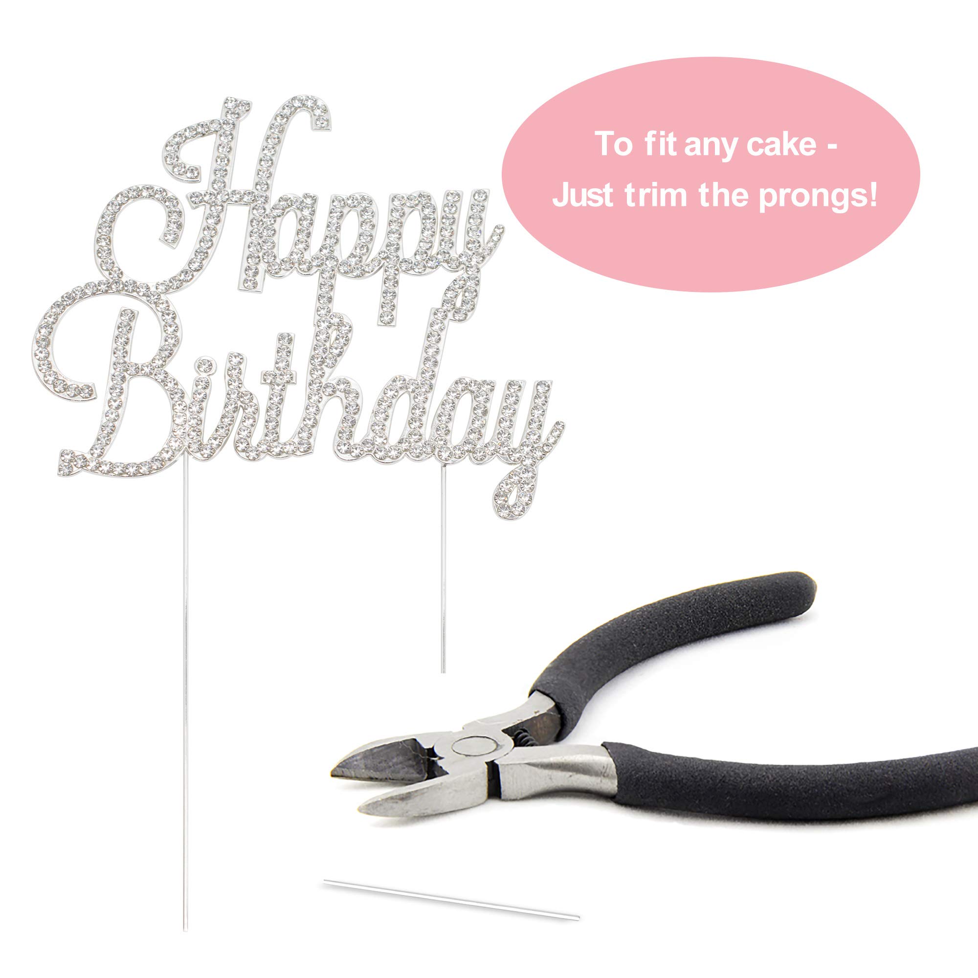 Happy Birthday Cake Topper - Premium Silver Metal - Happy Birthday Party Sparkly Rhinestone Decoration Makes a Great Centerpiece - Now Protected in a Box