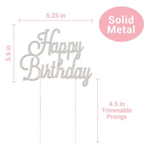 Happy Birthday Cake Topper - Premium Silver Metal - Happy Birthday Party Sparkly Rhinestone Decoration Makes a Great Centerpiece - Now Protected in a Box