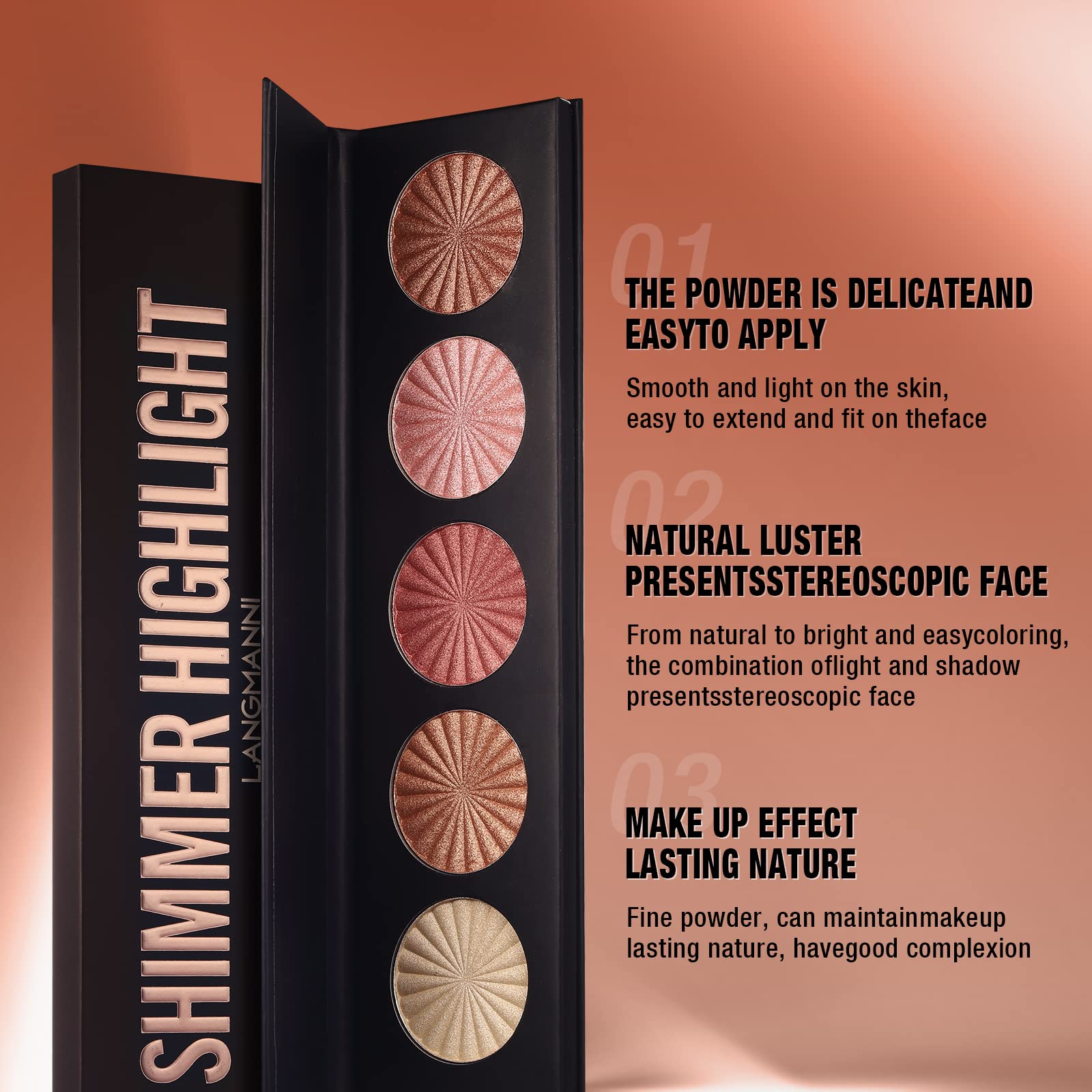 Highlighter Powder Palette, Makeup Palette Facial Bronzers Illuminator Palette Highlighter Baked Waterproof Long Lasting Brilliant Lighten Skin Color (5 Color, 1 Count (Pack of 1))