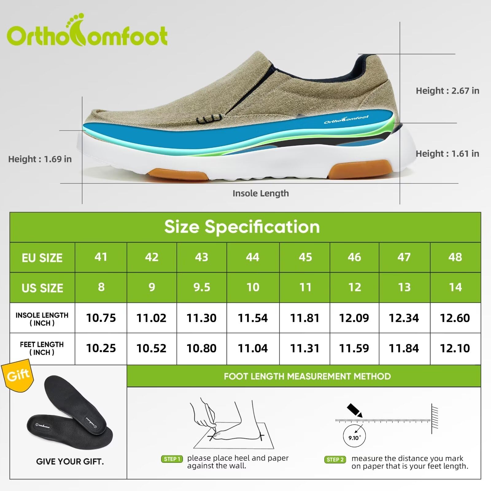 OrthoComfoot Mens Orthopedic Shoes, Diabetic Supportive Sneakers for Heel Pain/Heel Spurs, Comfortable Plantar Fasciitis Driving Shoes for Flat Feet Khaki Size 10