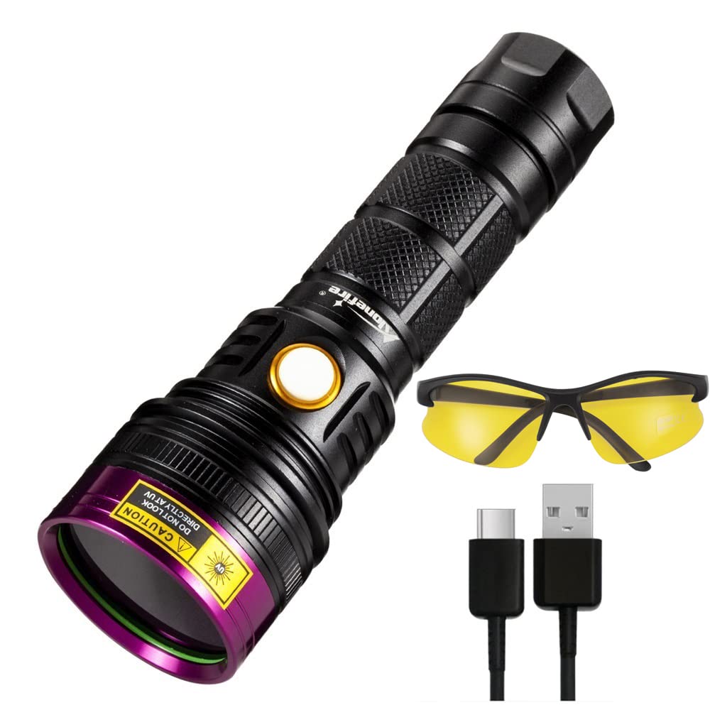 Alonefire SV18 12W 365nm UV Flashlight USB Rechargeable Ultraviolet Blacklight Pet Urine Detector for Resin Curing, Fishing, Minerals, Scorpion with UV Protective Glasses, Battery Included