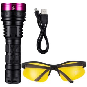 Alonefire SV18 12W 365nm UV Flashlight USB Rechargeable Ultraviolet Blacklight Pet Urine Detector for Resin Curing, Fishing, Minerals, Scorpion with UV Protective Glasses, Battery Included