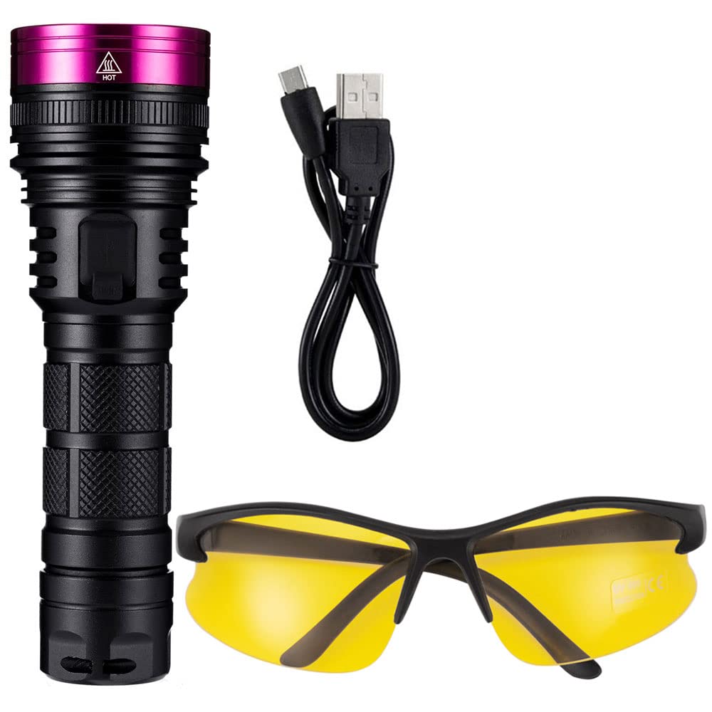 Alonefire SV18 12W 365nm UV Flashlight USB Rechargeable Ultraviolet Blacklight Pet Urine Detector for Resin Curing, Fishing, Minerals, Scorpion with UV Protective Glasses, Battery Included