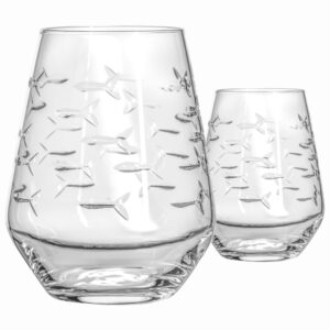 rolf glass | school of fish stemless tumbler | 18oz stemless wine glasses | lead-free glass | engraved and polished in pennsylvania | us made (set of 2)