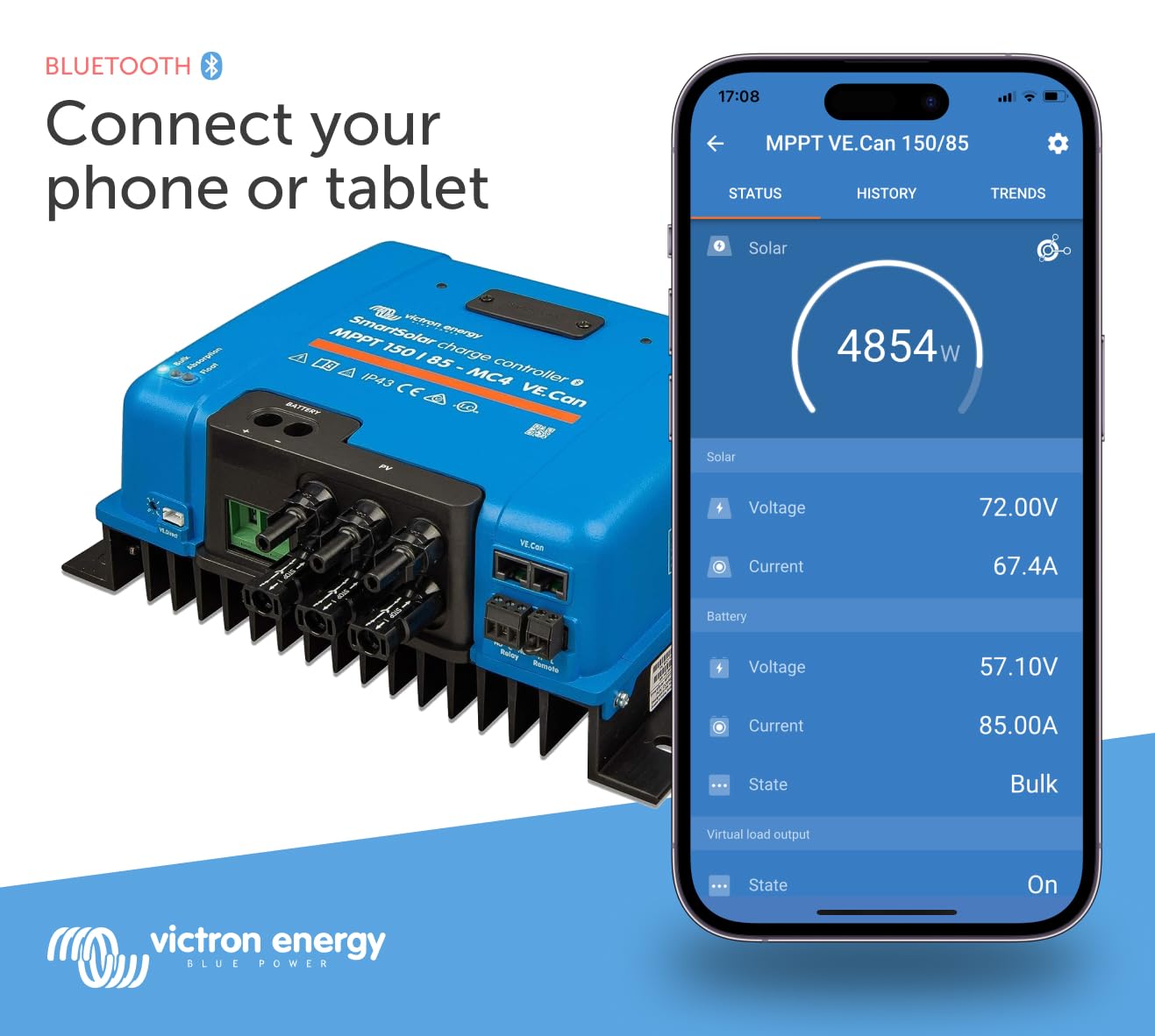 Victron Energy SmartSolar MPPT MC4 VE. Can 150V 85 amp 12/24/36/48-Volt Solar Charge Controller (Bluetooth)