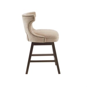 Madison Park Emmett Swivel Stool-Chic Modern, Scoop Back, Counter Height Barstool, Kitchen Island Chair Solid Wood Legs, Silver Nailhead Accent, Assembly Required, 21" W x 22" D x 37" H, Beige