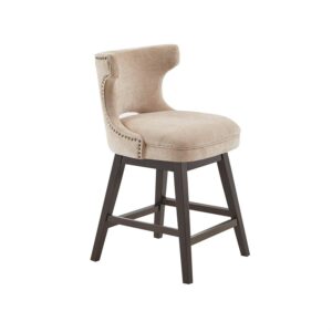 Madison Park Emmett Swivel Stool-Chic Modern, Scoop Back, Counter Height Barstool, Kitchen Island Chair Solid Wood Legs, Silver Nailhead Accent, Assembly Required, 21" W x 22" D x 37" H, Beige
