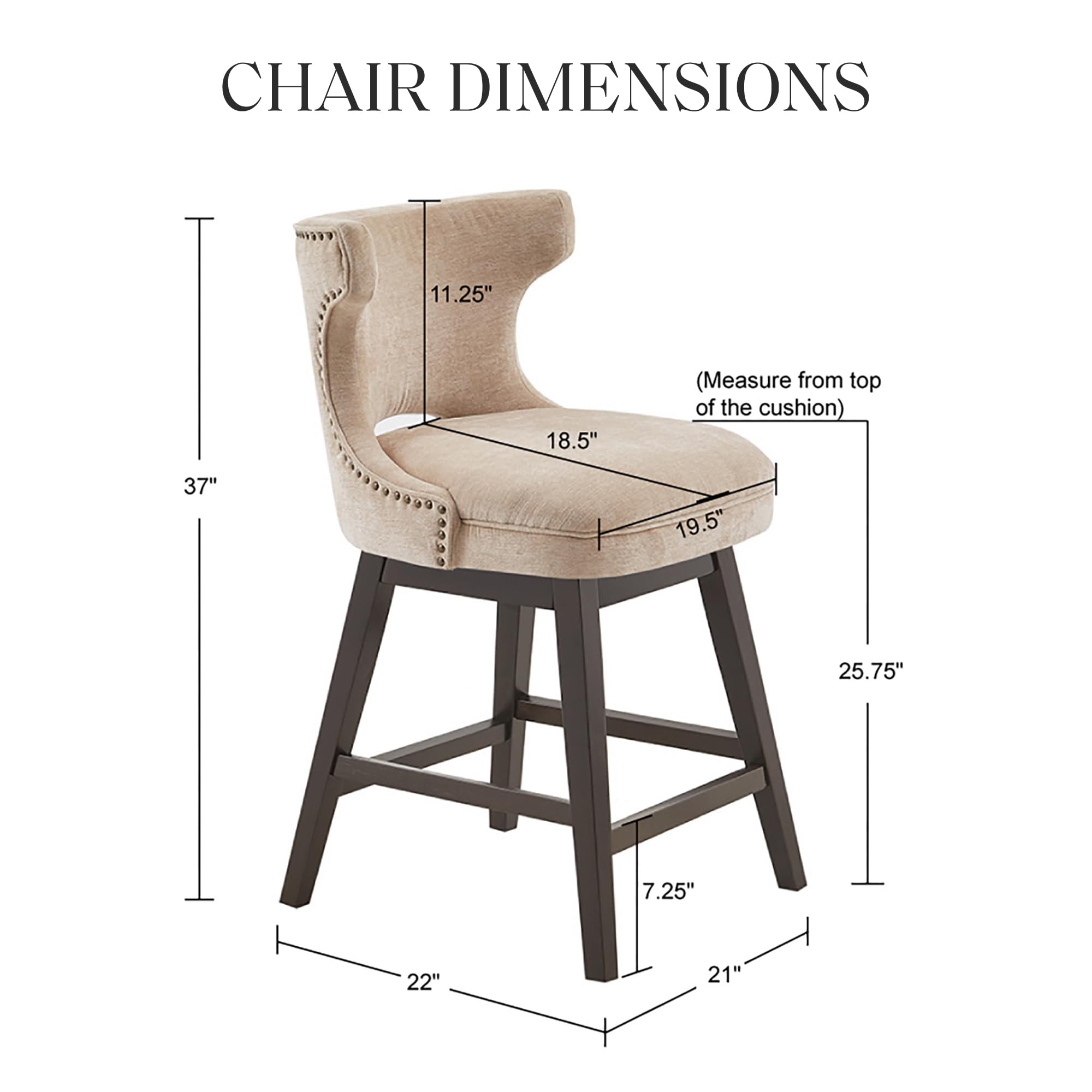 Madison Park Emmett Swivel Stool-Chic Modern, Scoop Back, Counter Height Barstool, Kitchen Island Chair Solid Wood Legs, Silver Nailhead Accent, Assembly Required, 21" W x 22" D x 37" H, Beige