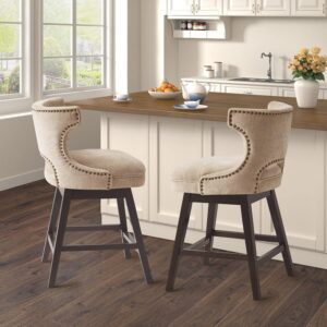 Madison Park Emmett Swivel Stool-Chic Modern, Scoop Back, Counter Height Barstool, Kitchen Island Chair Solid Wood Legs, Silver Nailhead Accent, Assembly Required, 21" W x 22" D x 37" H, Beige