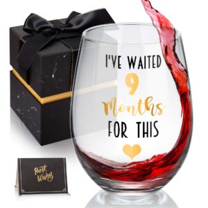 i've waited 9 months for this! funny new mom stemless wine glass for expectant moms and post pregnancy gifts, funny 18 oz stemless wine glasses for women, her, mom on mother's day or christmas