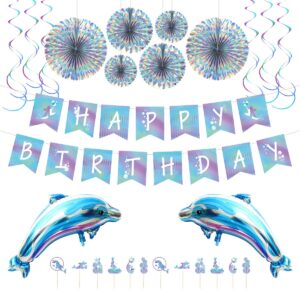 dolphin party decoration birthday party decoration blue party decoration ocean party decoration include balloons, spiral charms, paper fans, cupcake toppers, happy birthday banner