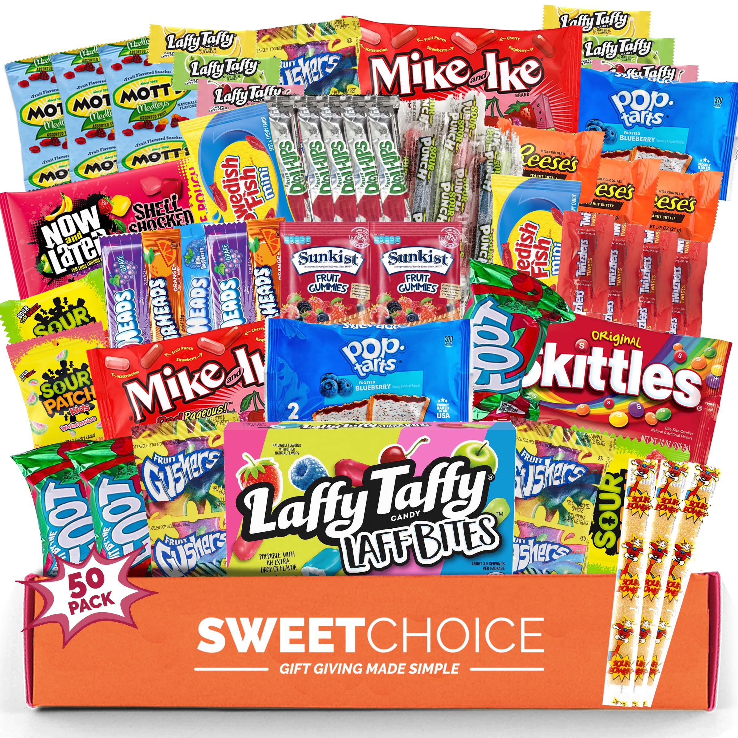 Bite Sized Candy Care Package - (50 count) Easter candy care Package A Sampler of Skittles, Sour Patch Kids, Starburst, , Twizzlers, Airheads, and More! Great for Movie Night Sleepovers and Goodie Bags!