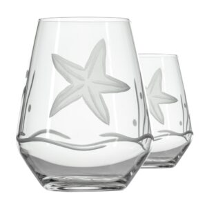 rolf glass starfish stemless wine tumbler 18 ounce - stemless wine glasses - lead-free glass - etched tumbler glasses - proudly made in the usa (set of 2)