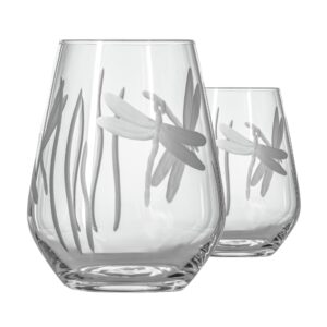rolf glass dragonfly stemless wine glass 18oz - tumbler wine glasses set of 2 – made in the usa - etched stemless wine glasses -(set of 2)