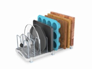 everie adjustable bakeware organizer pot lid holder rack for pots, cake molds, cutting boards, mats, cookware, large 7.7'' w x 16.1'' d x 6.3'' h