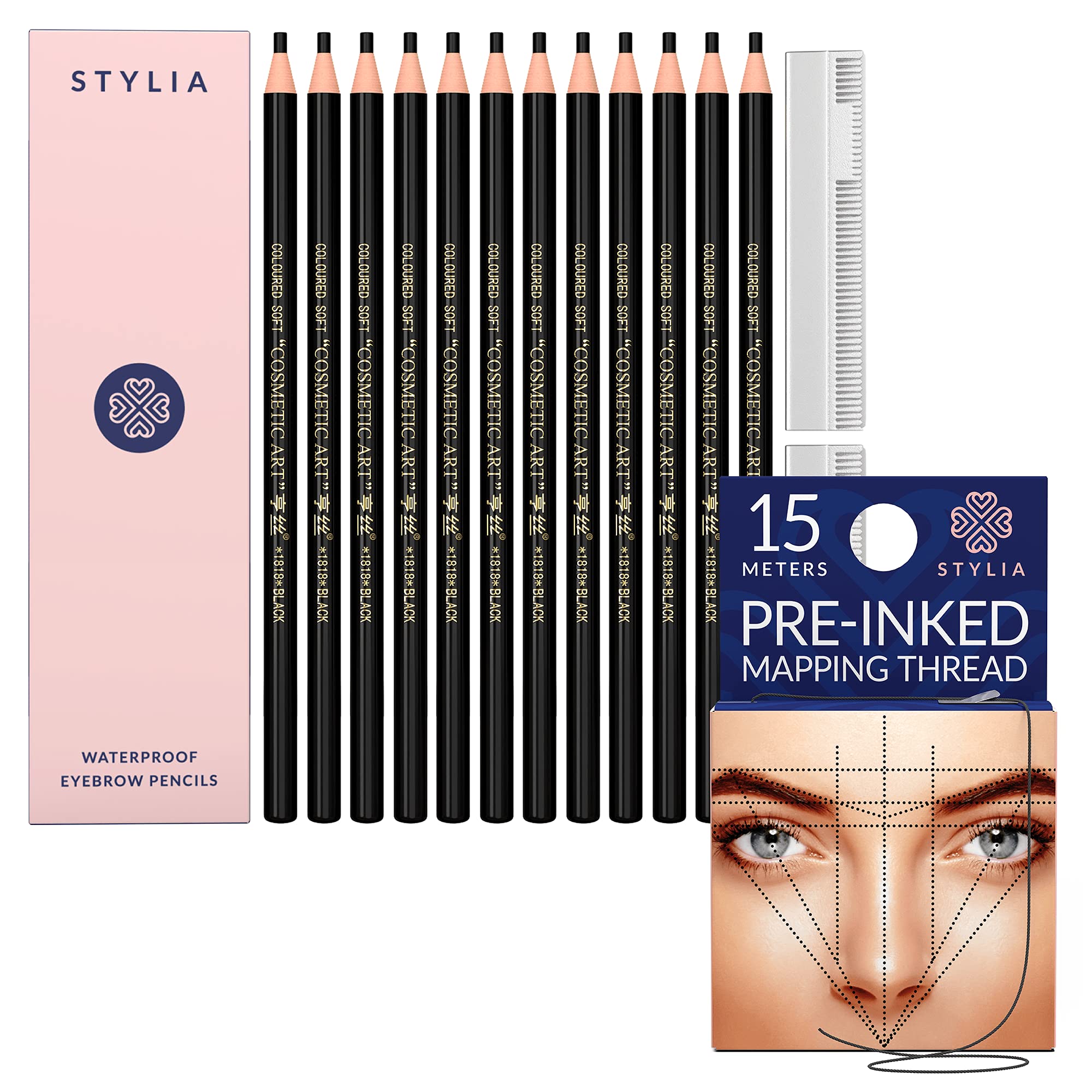 Bundle of 15 Meters Pre-Inked Eyebrow Mapping String and Microblading Supplies 12 Piece Black Waterproof Eyebrow Pencil Set, Brow Mapping Tool