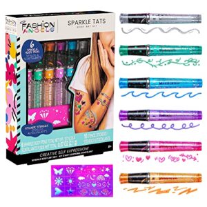 fashion angels sparkle tats body art set - temporary tattoo pens, washable & shimmery tattoo body ink, 6 tattoo body markers set with stencil stickers for kids 8+, multi (12674)