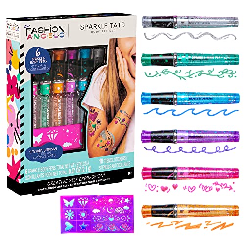 Fashion Angels Sparkle Tats Body Art Set - Temporary Tattoo Pens, Washable & Shimmery Tattoo Body Ink, 6 Tattoo Body Markers Set with Stencil Stickers for Kids 8+, Multi (12674)