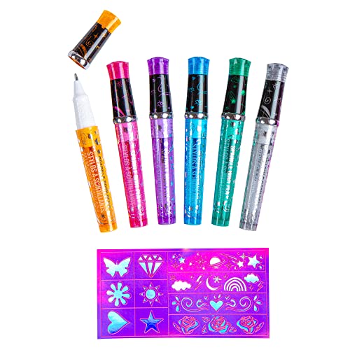 Fashion Angels Sparkle Tats Body Art Set - Temporary Tattoo Pens, Washable & Shimmery Tattoo Body Ink, 6 Tattoo Body Markers Set with Stencil Stickers for Kids 8+, Multi (12674)