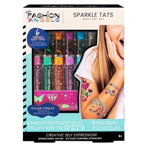 Fashion Angels Sparkle Tats Body Art Set - Temporary Tattoo Pens, Washable & Shimmery Tattoo Body Ink, 6 Tattoo Body Markers Set with Stencil Stickers for Kids 8+, Multi (12674)