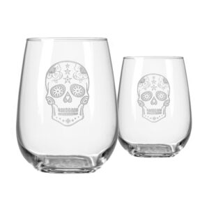 rolf glass sugar skull stemless wine tumbler 17 ounce - stemless wine glasses - lead-free glass - etched tumbler glasses - proudly made in the usa (set of 2)