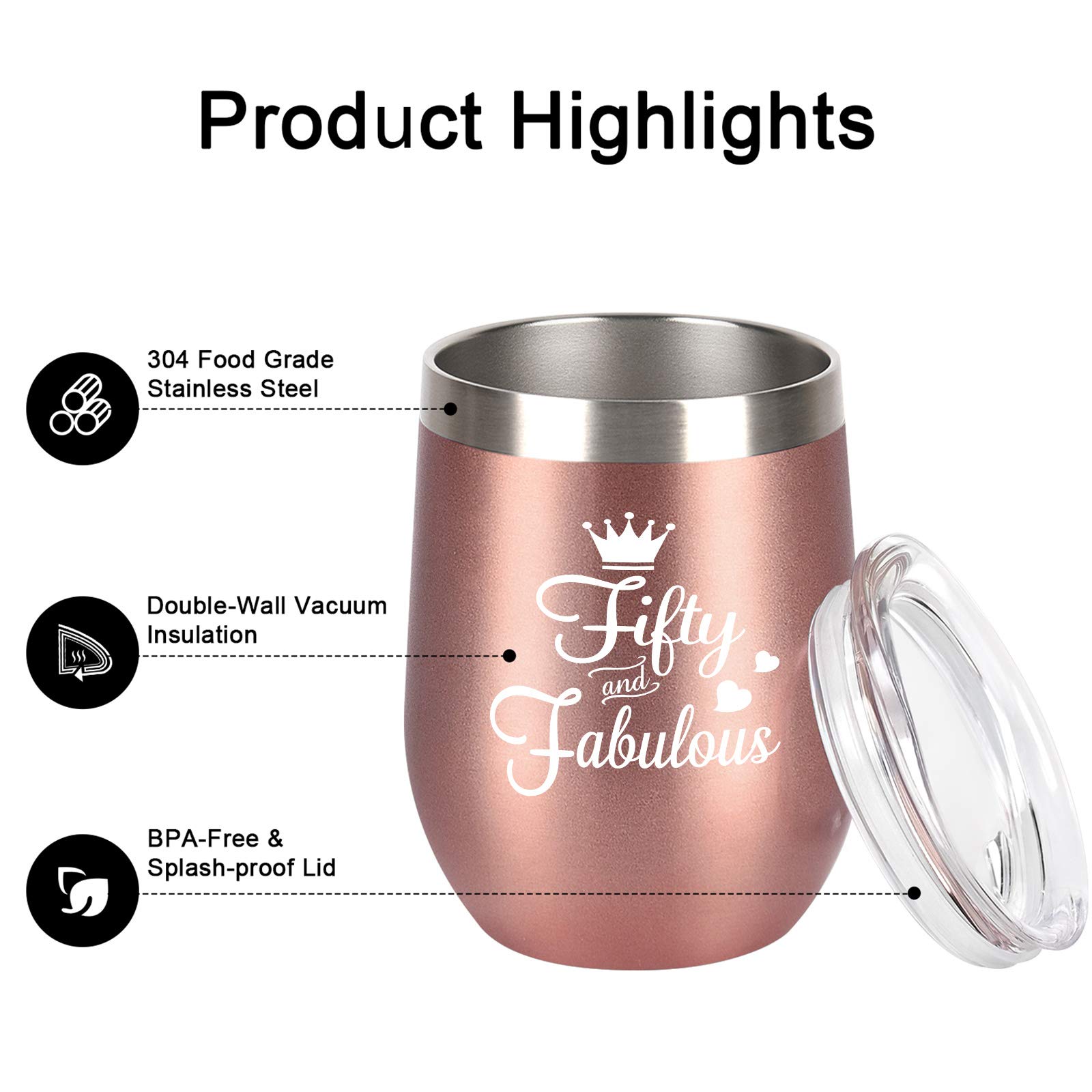 GINGPROUS 50th Birthday Gifts for Women Wife Mom Friends Coworkers, Fifty and Fabulous Wine Tumbler for 50th Birthday, 12 Oz Stainless Steel Insulated Wine Tumbler with Lid and Straw, Rose Gold