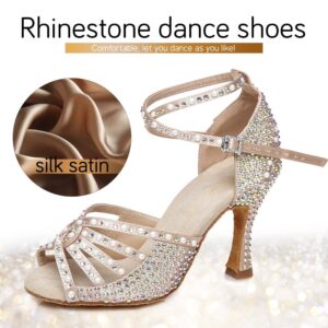 JUODVMP Women's Latin Dance Shoes Rhinestones Satin Ballroom Dance Shoes Salsa Professional Dance Shoes,Model 430,3 inch Heel,Nude,7 US