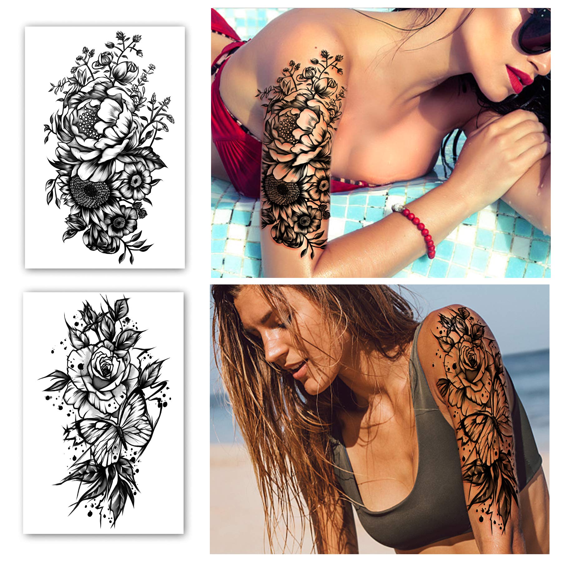 Full Arm Waterproof Temporary Tattoos 8 Sheets and Half Arm Shoulder Tattoo 10 Sheets, Extra Large LastingTattoo Stickers for Girls and Women (22.83"X7.1")