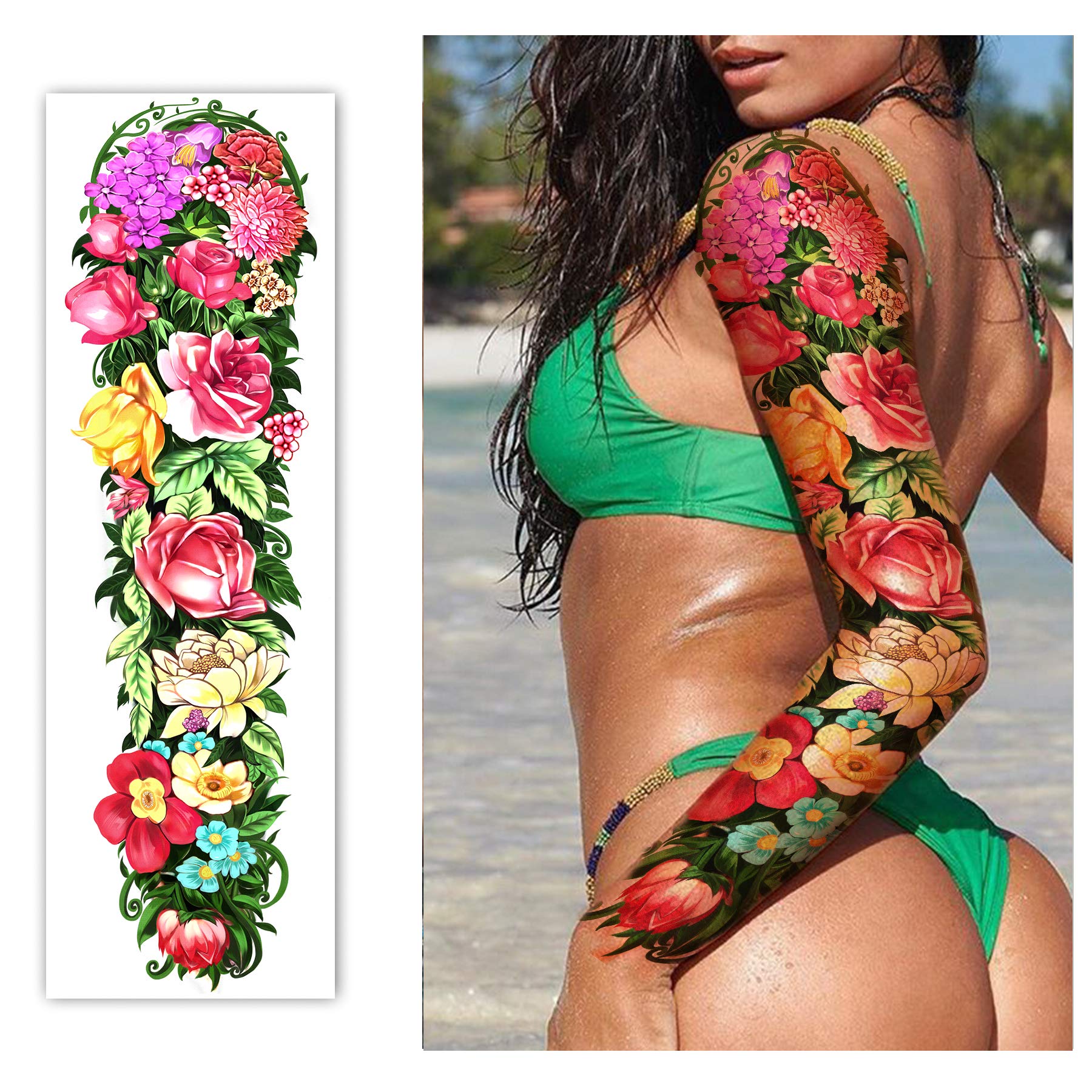 Full Arm Waterproof Temporary Tattoos 8 Sheets and Half Arm Shoulder Tattoo 10 Sheets, Extra Large LastingTattoo Stickers for Girls and Women (22.83"X7.1")