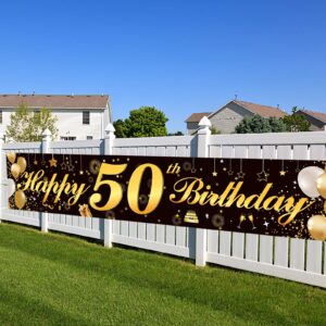 Happy 50th Birthday Banner,Birthday Party Sign Backdrop Banner For Men Women Cheer to 50 Years,Durable Black&Gold Glitter Birthday Sign Yard Sign For 50th Birthday Party Decoration Supplies(50 Black)