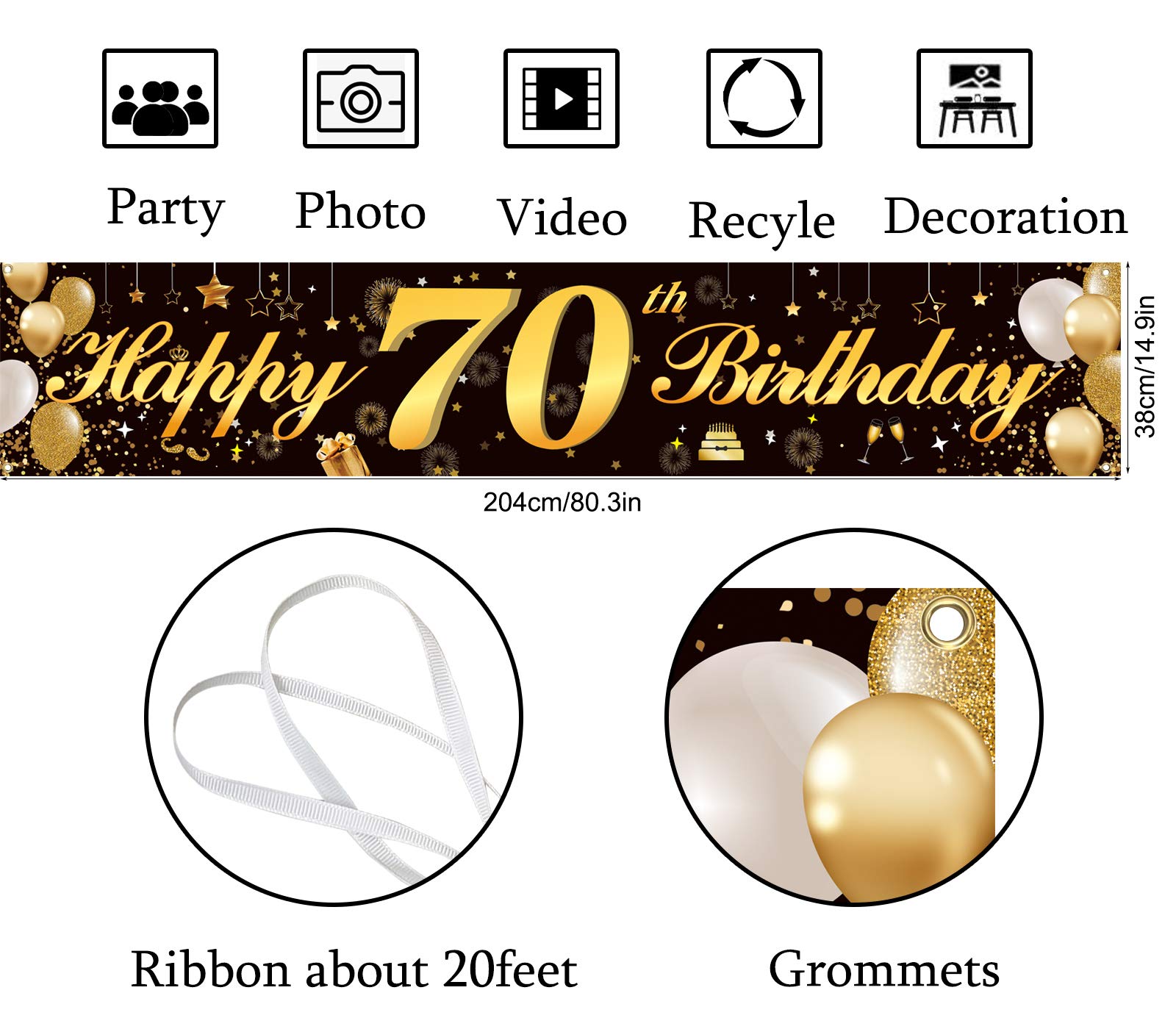 Happy 50th Birthday Banner,Birthday Party Sign Backdrop Banner For Men Women Cheer to 50 Years,Durable Black&Gold Glitter Birthday Sign Yard Sign For 50th Birthday Party Decoration Supplies(50 Black)