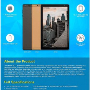 MOTILE 10.1” IPS Touch Screen HD Performance Big Android Tablet, 4G LTE/3G/2G, WiFi, Bluetooth, 32GB Storage, Black