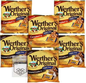 werthers sugar free hard candy variety pack of 6 - 3 bags each flavor - original hard candy and caramel coffee - individually wrapped sugar free candy - bundle with ballard products pocket bag