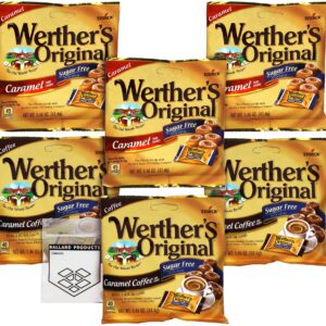 Werthers Sugar Free Hard Candy Variety Pack of 6 - 3 Bags Each Flavor - Original Hard Candy and Caramel Coffee - Individually Wrapped Sugar Free Candy - Bundle with Ballard Products Pocket Bag